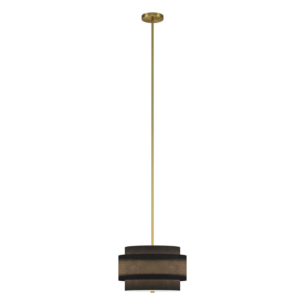 Brass and Black Double Drum Pendant Light with Fabric Shade