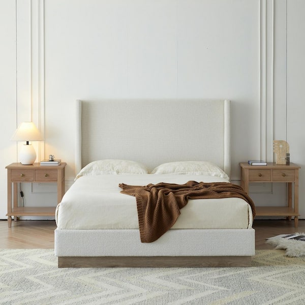 Milo Modern Cream White Boucle Fabric Upholstered Metal Frame King Platform Bed with Wingback Headboard