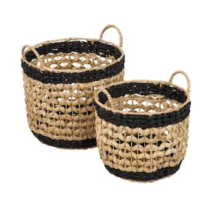 Set of 2 Round Decorative Wicker Baskets with Handles, Natural/Black