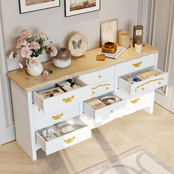 FUFU&GAGA White and Gold 12-Drawer 63 in. W Wood Chest of Drawers, Dresser,  Storage Cabinet with Antique Brass Handles L-THD-390137-01