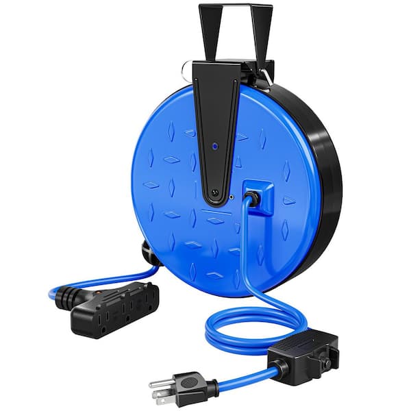 30 ft. 16 / 3 10 Amp Retractable Extension Cord Reel with 3 Outlets, Ceiling / Wall Mount for Garage, Workshop, Blue