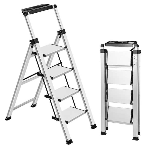 Reach 4.2 ft. Aluminum 4 Step Ladder, 330 lb. Retractable Handgrip Folding Step Stool for Garage Library