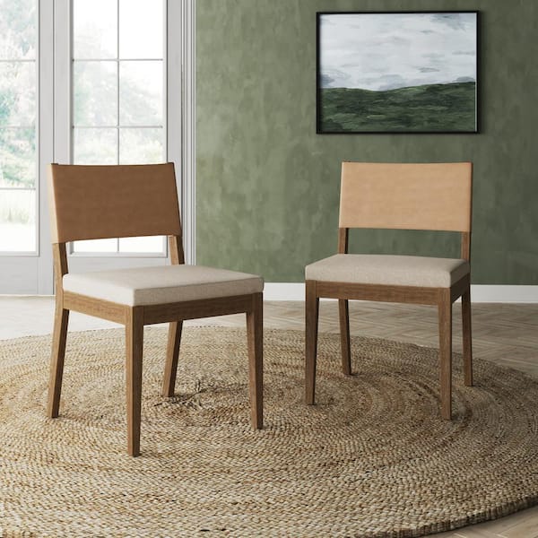 Linus 19 in. Modern Upholstered Dining Chair with Faux Leather Back and Solid Wood Brushed Legs, Light Brown, Set of 2