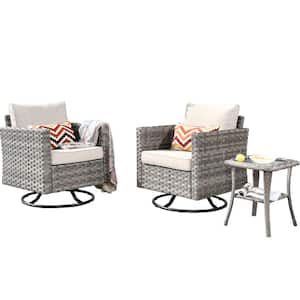 Tahoe Grey 3-Piece Wicker Outdoor Patio Conversation Swivel Rocking Chair Set with a Side Table and Beige Cushions