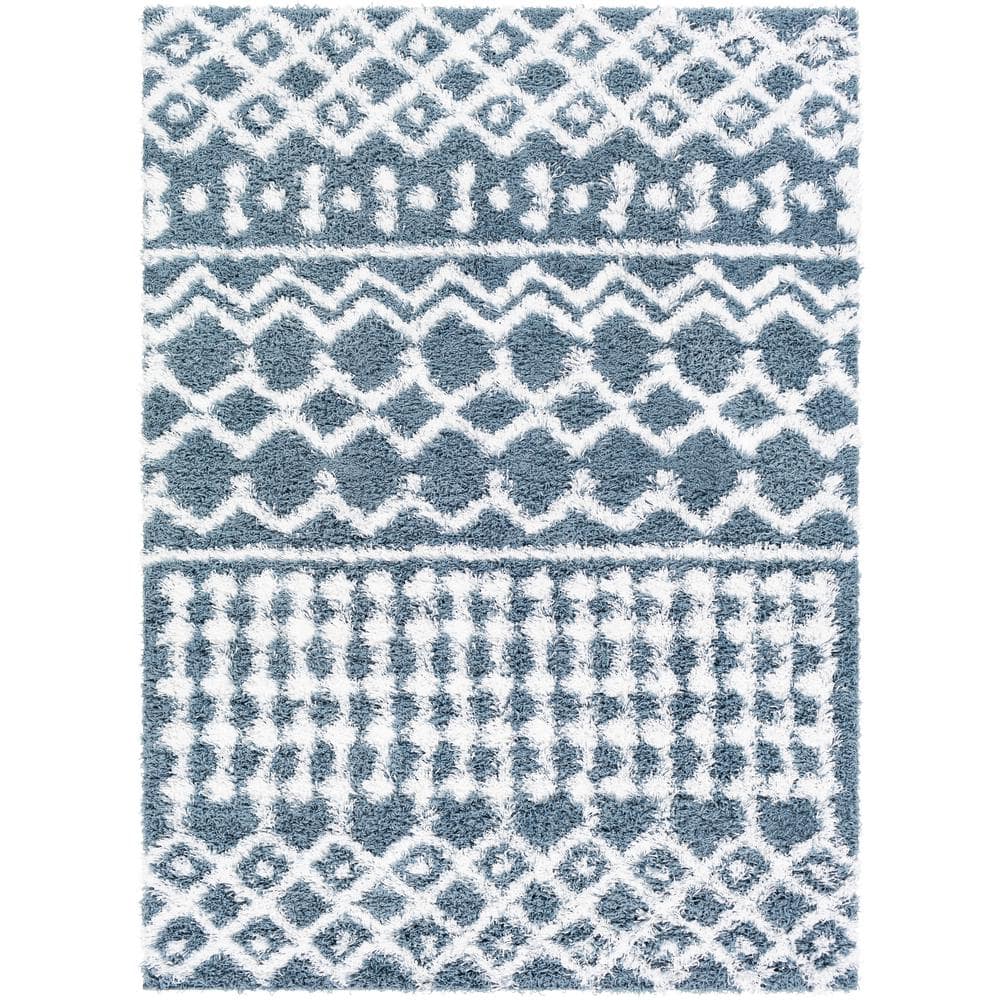Denim and White Moroccan Shag Rectangular Area Rug