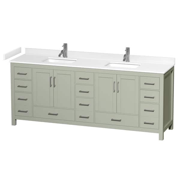 Wyndham Collection Sheffield 84 in. W x 22 in. D x 35 in . H Double Bath Vanity in Light Green with White Cultured Marble Top