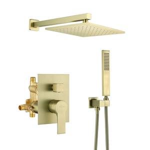 1-Spray Patterns with 2.66 GPM 10 in. Wall Mount Dual Shower Heads with Rough-In Valve Body and Trim in Brushed Gold