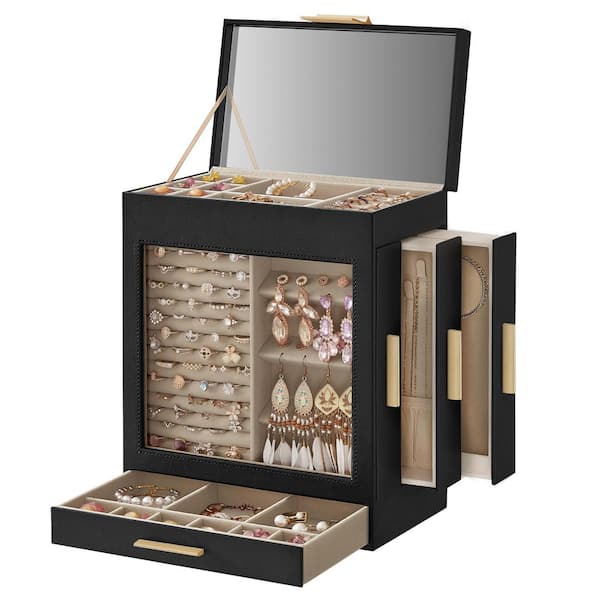 Unbranded 5-Layer Jewelry Box w/Glass Window and Mirror, 3 Side Drawers, Ink Black, Metallic Gold, 10.3 in. x 6.1 in. x 12.6 in.