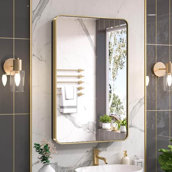 KeonJinn 20 in. W x 32 in. H Rectangular Brass Gold Stainless Steels Framed Recessed Surface Mount Medicine Cabinet with Mirror hd JGYJ5081GD