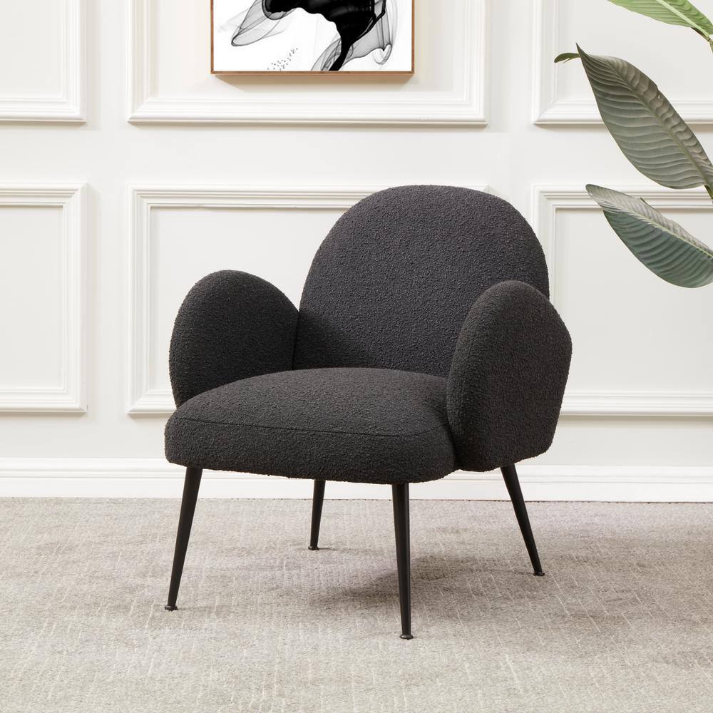 Elegant Black Boucle Wood Accent Chair with Curved Back