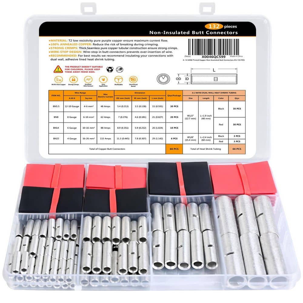 Vrbgify 132 PCS Non-Insulated Butt Splice Connectors Kit 12 Vrbgify 132 PCS Non-Insulated Butt Splice Connectors Kit 12