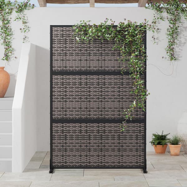 47 in. x 72 in. Black Rattan Weaving Garden Screens Room Divider Outdoor Privacy Screen Decorative Metal Balcony Panel
