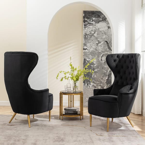 KINWELL Black Upholstered Tufted Velvet High Wingback Chair