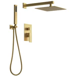 2-Spray Patterns with 2.5 GPM 10 in. Wall Mount Dual Shower Heads with Hand Shower in Brushed Gold (Valve Included)