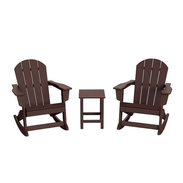 Laguna 3-Piece Fade Resistant Outdoor Patio HDPE Poly Plastic Adirondack Rocking Chairs and Side Table Set, Dark Brown