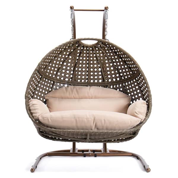 Brown Wicker Swing Hanging Double-Seat Patio Swing Chair with Stand with Beige Cushion