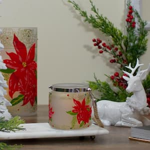 4 in. Red Hand-Painted Poinsettias and Gold Flameless Glass Christmas Candle Holder