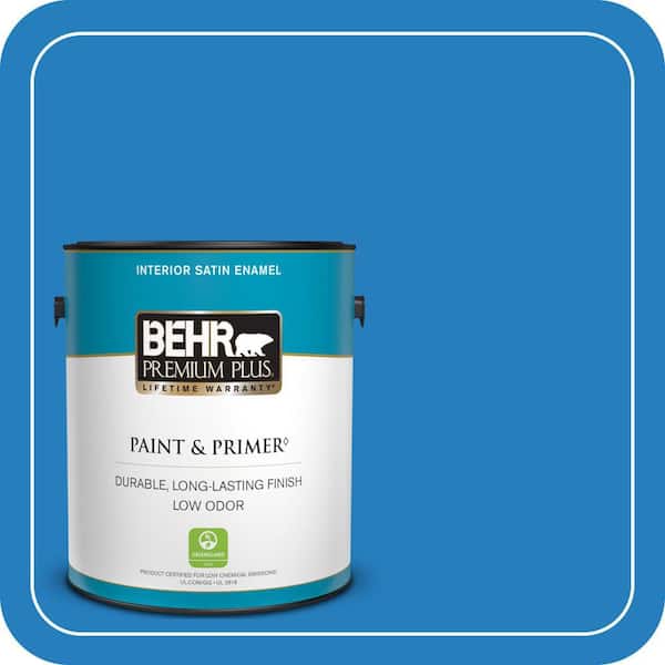 BEHR PREMIUM PLUS 1 gal. #P510-6 Brilliant Blue Satin Enamel Low Odor Interior Paint & Primer