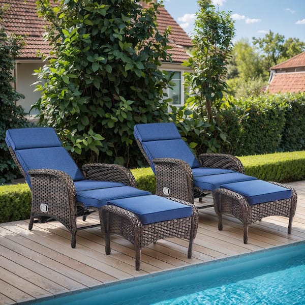 PlainCurve 4-Piece Brown Wicker Outdoor Recliner Chairs Patio Conversation Set with Olefin Blue Cushions and Ottomans
