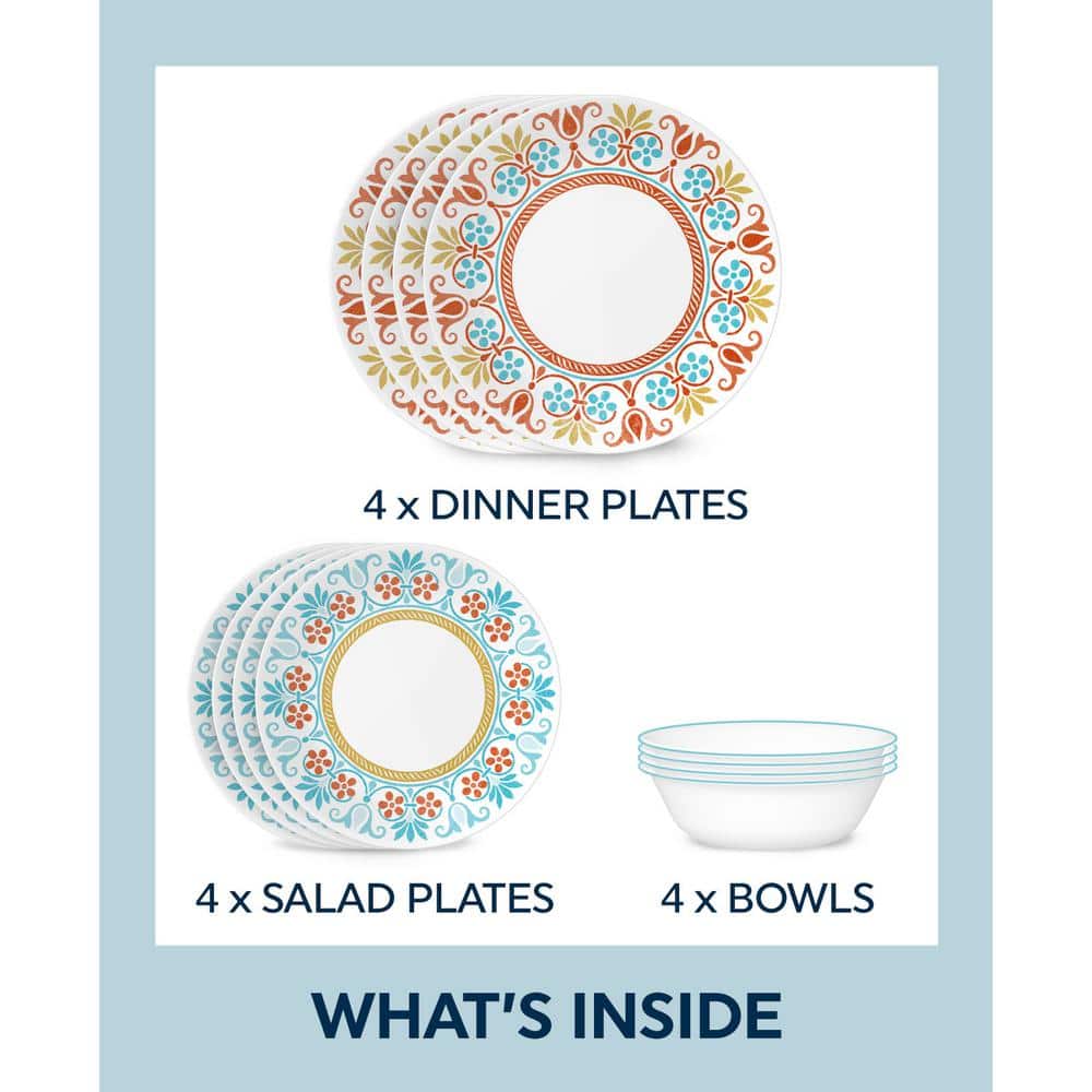 Terracotta Dreams Multicolor Floral Glass Dinnerware Set, Service for 4