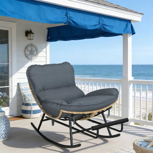 Grey Egg Chair Metal Patio Hanging Basket Chair, Rattan Wicker Wood Swing Chair with UV Resistant Cushion and Pillow