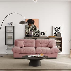 89.1 in. Square Arm Frosted Velvet 3-Seater Rectangle Sofa in Coral Pink