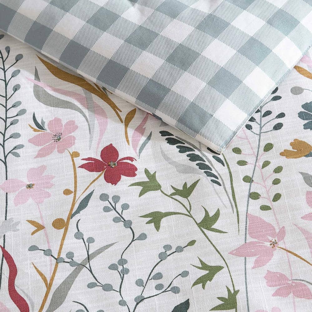 Twin White Cotton Reversible Floral Comforter Set