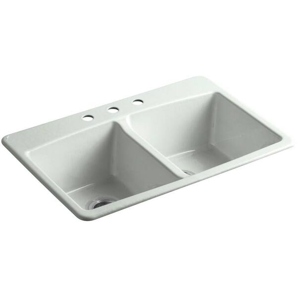 KOHLER Brookfield Drop-In Cast Iron 33 in. 3-Hole Double Bowl Kitchen Sink in Sea Salt