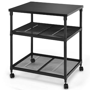 Black 3-Tier Rolling Printer Stand Serving Utility with Adjustable Frame and Casters