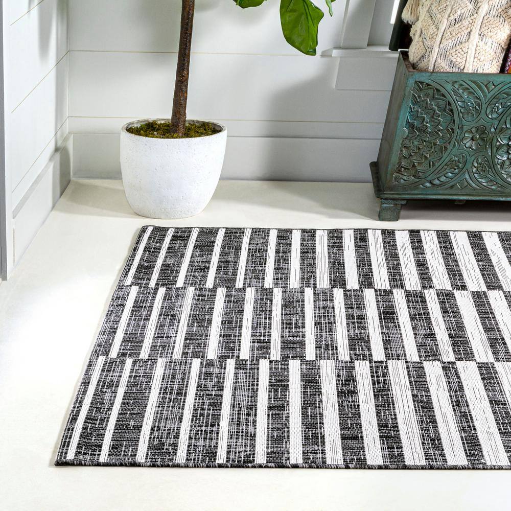 Ivory and Black Stripe Synthetic 8' x 10' Easy-Care Rug