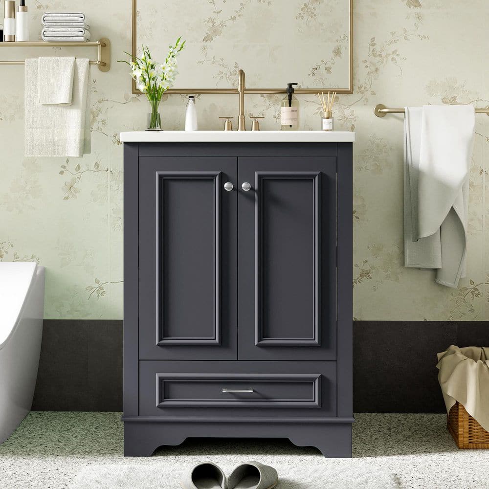 24 in. Single Sink Freestanding Gray Bath Vanity with White Ceramic Top, Adjustable Shelf, 2 Soft Closing Doors price history on PriceWatchPro
