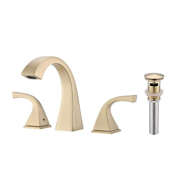 FLG 8 in. Widespread Double Handle Bathroom Faucet with Drain Kit Included 3-Holes Brass Sink Basin Faucets in Brushed Gold
