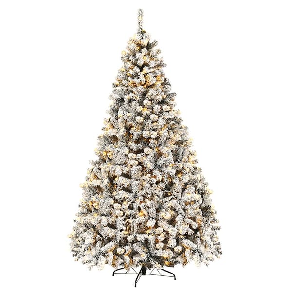 Costway 9 ft. Pre-Lit LED Flocked Snow Hinged Pine Artificial Christmas Tree with 550 White Lights
