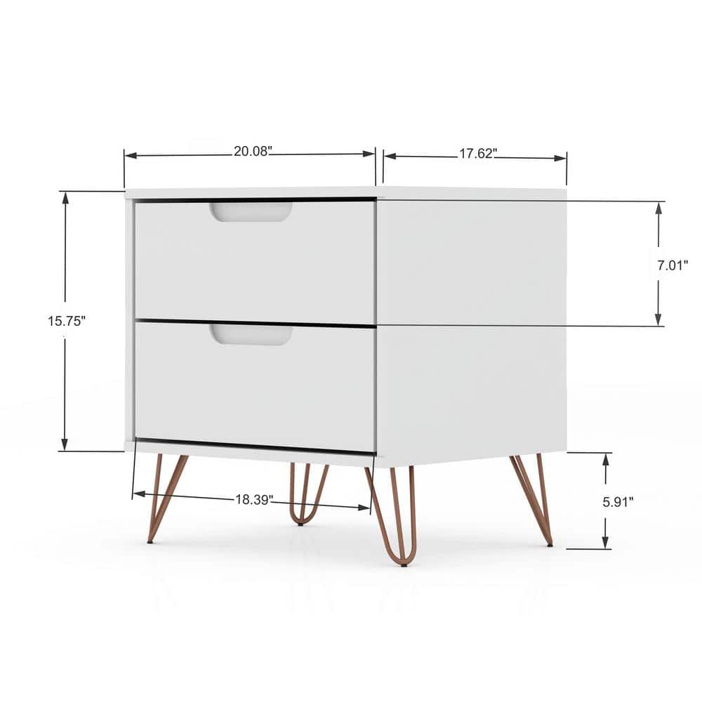 Rockefeller 2-Drawer White Wood Nightstands with Metal Legs, Set of 2