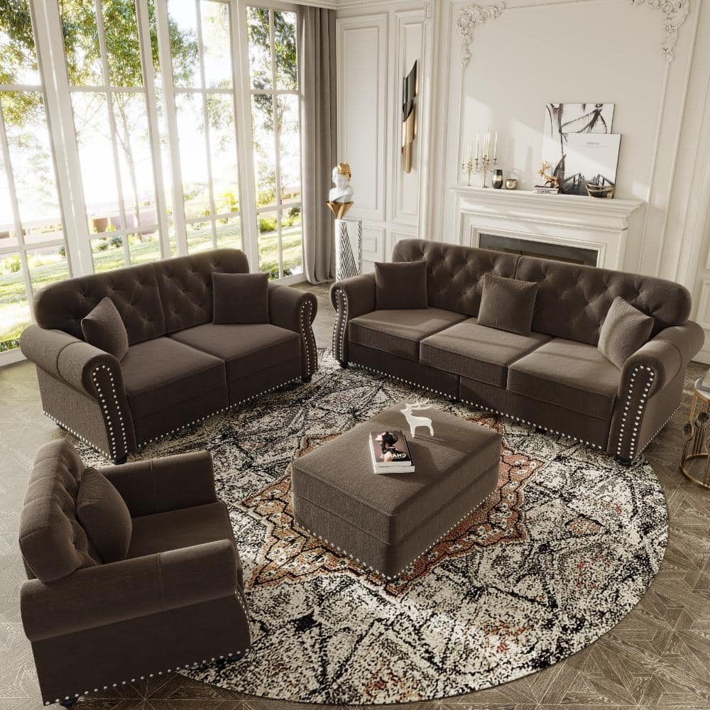 Brown 4-Piece Velvet Upholstered Tufted Sofa Set with Ottoman, Nailhead Trim and Pillows price history on PriceWatchPro