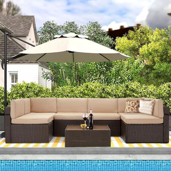 Sudzendf Brown 7-Piece PE Rattan Wicker Patio Conversation Set with Khaki Cushions and Coffee Table