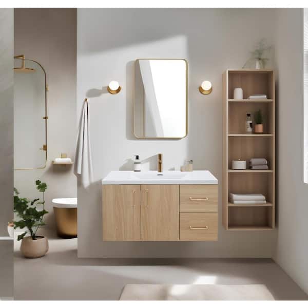 MinimalGrace 36 in. Single Sink Floating Oak Bath Vanity with White Resin Top