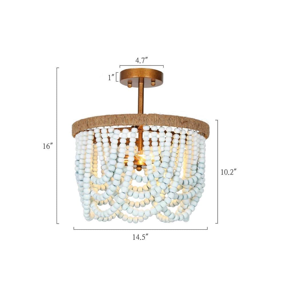 Antique Gold and Blue Beaded Farmhouse Semi-Flush Mount Light