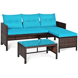 Brown 3-Piece Wicker Outdoor Sectional Set Patio Conversation Set Sofa and Coffee Table with Turquoise Cushions