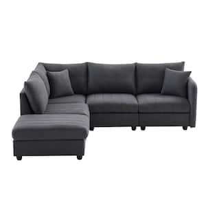 89 in. L-Shaped Linen Fabric Sectional Sofa in Dark Gray with Convertible Ottoman and 2 Pillows