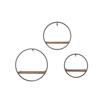 Wood and Black Metal Wall-Mount Round Floating Shelf (Set of 3)