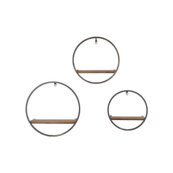 StyleWell Wood and Black Metal Wall-Mount Round Floating Shelf (Set of 3)