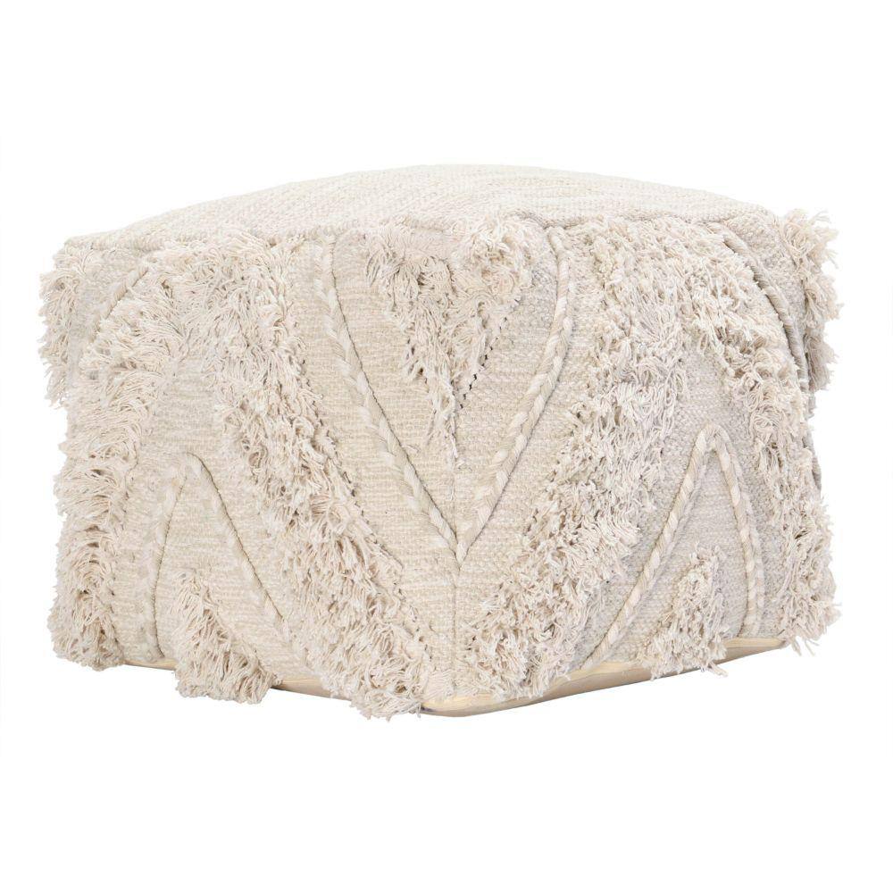 Benjara Cream Fabric Pouf Ottoman with Woven Design and Fringe Details