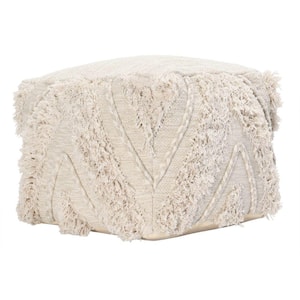Cream Fabric Pouf Ottoman with Woven Design and Fringe Details