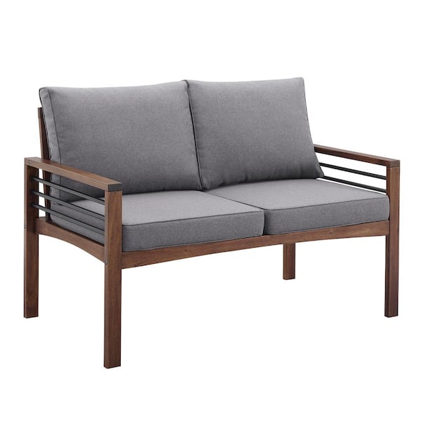 Dark Brown Acacia Wood and Metal Outdoor Loveseat with Grey Cushions