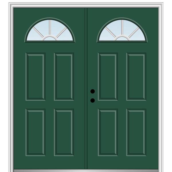 MMI Door 60 in. x 80 in. White Internal Grilles Right-Hand Inswing Fan Lite Clear 4-Panel Painted Steel Prehung Front Door