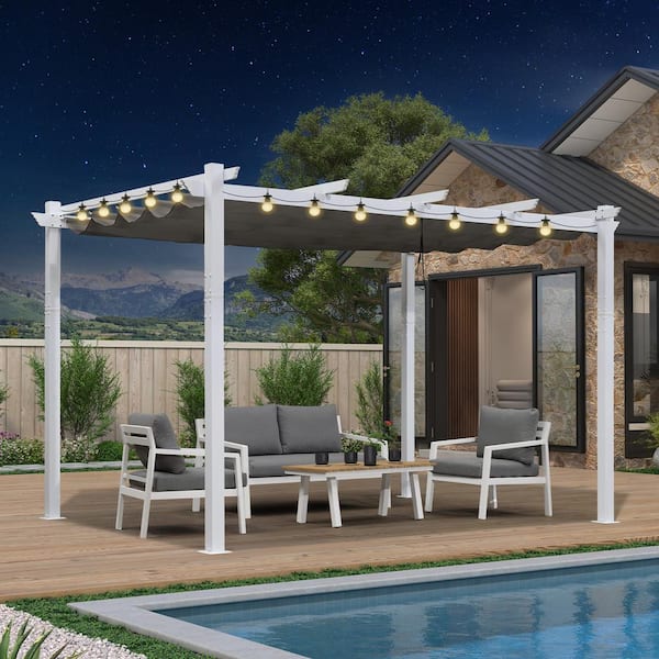 PURPLE LEAF 10 ft. x 13 ft. White Aluminum Frame Morden Pergola with Gray Retractable Sun Shade Canopy and String Lights