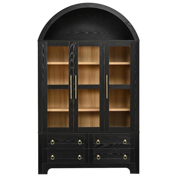 72.8 in. Black Wood Arched Pantry Organizer Cabinet with 3 Glass Doors and 4 Drawers