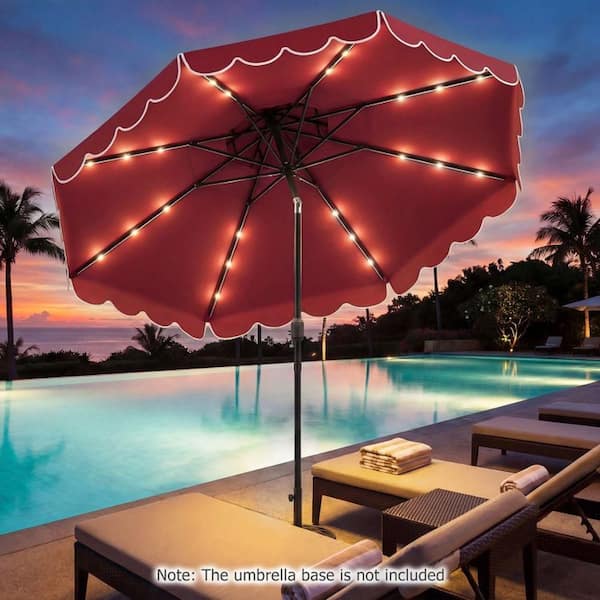 10' solar led patio umbrella Clihome 10 ft. 2-Tier Vented Top Solar LED Patio Umbrella in Red with 24-Lights, Push Button Tilt and Crank