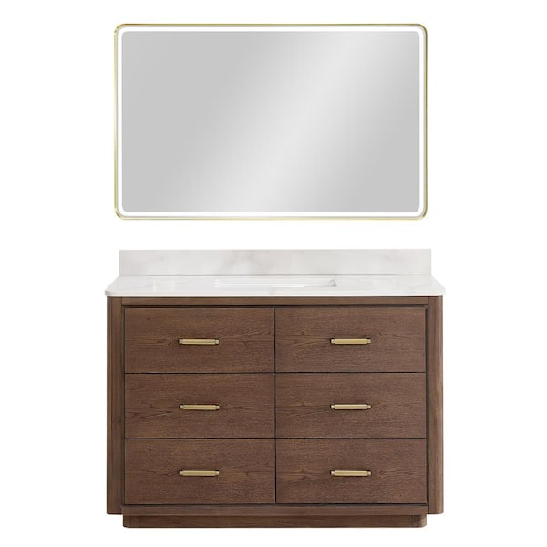 Roswell Porto 48 in. W x 22 in. D x 33.8 in. H Single Sink Bath Vanity in Dark Brown with White Quartz St1 Top and Mirror